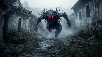 A mysterious creature awakens in an abandoned chinese village dark fantasy with haunting eerie vibes