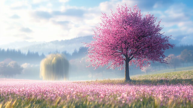 A solitary blossoming pink cherry tree stands majestically in a dreamy pastel pink flower field at sunrise surrounded by a misty ethereal landscape.
