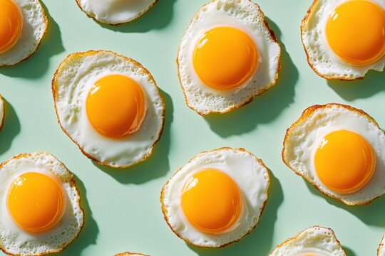 Sunnyside up fried eggs on mint green for national egg day