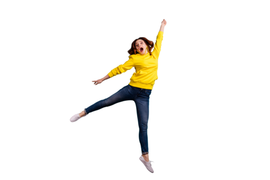 Full length body size photo of ecstatic overjoyed curly wavy white youngster wearing jeans denim rejoicing with flight by parasol isolated over teal vivid color background