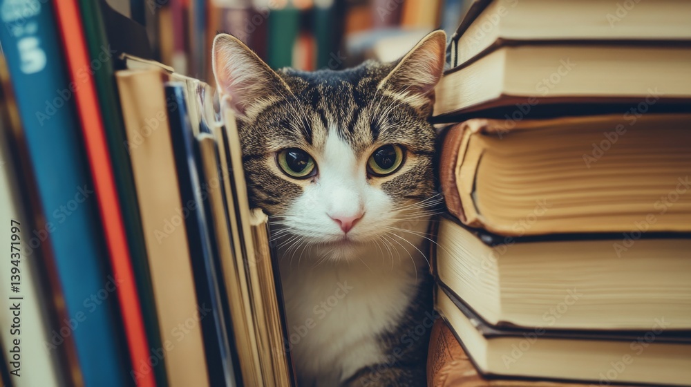Poster a cute fat cat peeking out from behind a stack of books, its curious expression and fluffy body crea