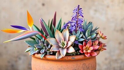 Elegant Arrangement of Orange, Purple, and Silver Flowers in a Clay Pot