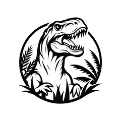 TRex Silhouette Roaring Among Ferns | Black and White Dinosaur Clipart