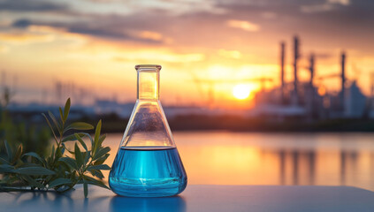 conical flask with blue liquid sits on table against sunset backdrop, with industrial structures in distance and plant nearby, creating serene yet industrial contrast