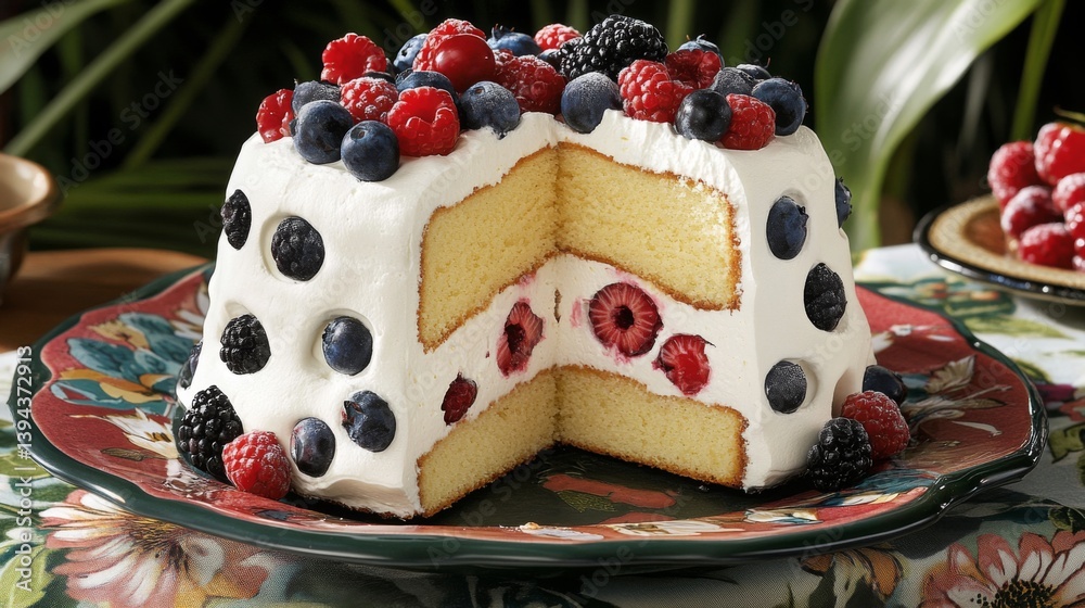 Poster A delightful sponge cake filled with whipped cream and berries, sliced to reveal the layers, sitting on a floral-patterned tablecloth for a charming presentation.