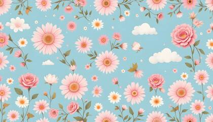 Fototapeta premium Pastel Pink Floral Pixel Art Pattern On Light Blue Background