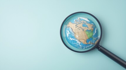 A magnifying glass focuses on a globe, emphasizing North America against a light blue background, symbolizing exploration and geography.