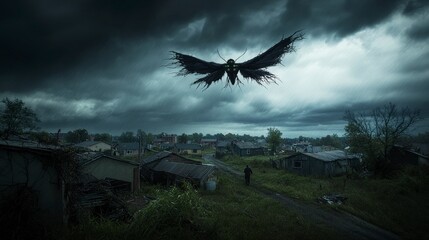Fototapeta premium Stormy skies over a small american town haunting scene dark atmosphere eerie landscape distant perspective