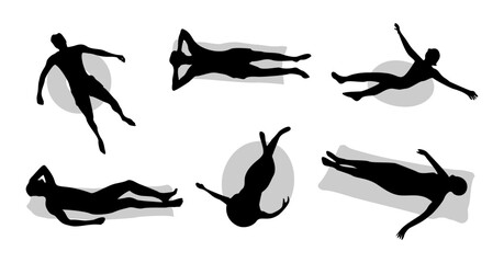 Set of silhouettes of different people floating in the water, men, women, children on inflatable rings, mattress, trunk. Vector flat illustration elevated view isolated on transparent background