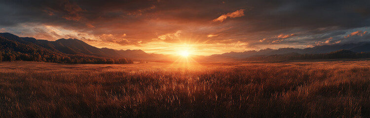 breathtaking panoramic view of Smoky Mountains at sunset, with vibrant sky and golden fields creating serene and majestic atmosphere