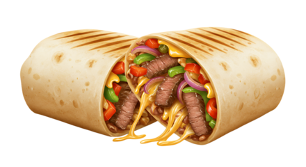 Delicious grilled burrito with colorful vegetables and succulent meat filling