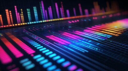Fototapeta premium A dynamic image of sound equalizers on a computer screen, with colorful bars reacting to music, showcasing audio analysis and music production.