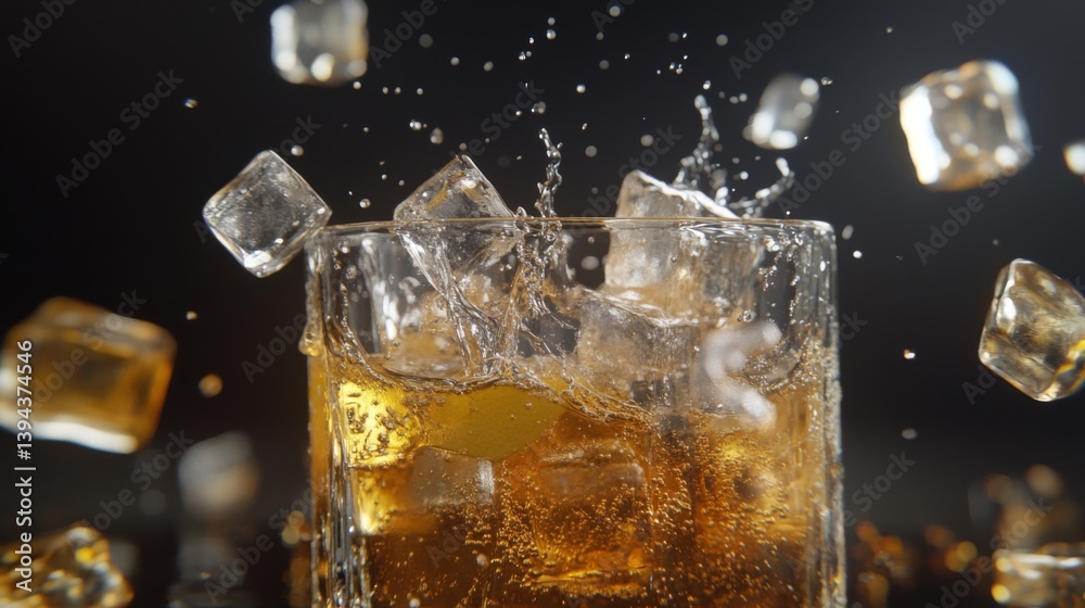 Poster a dynamic shot of ice cubes splashing into a glass of lemonade, capturing the lively movement and th