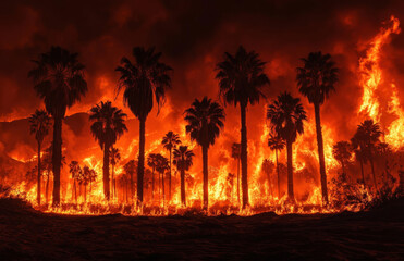 Obraz premium dramatic scene of palm trees engulfed in flames against dark sky, illustrating intensity of wildfire in desert landscape. fiery glow creates striking contrast