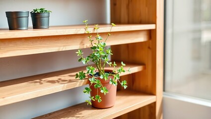 Elegant Cyan Xanthoceras on a Multi-Tiered Shelf with Copy Space