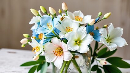 Fototapeta premium Elegant Floral Arrangement: White, Cyan, and Gold Flowers on a Mason Jar