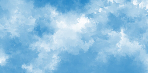  Cloudy sky blue watercolor background. Clear blue sky with puffy natural clouds. Brush strokes on white paper background. Watercolor splash template.