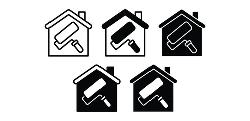 House Renovation Paint Roller Icons Black White Color Vector Design Set