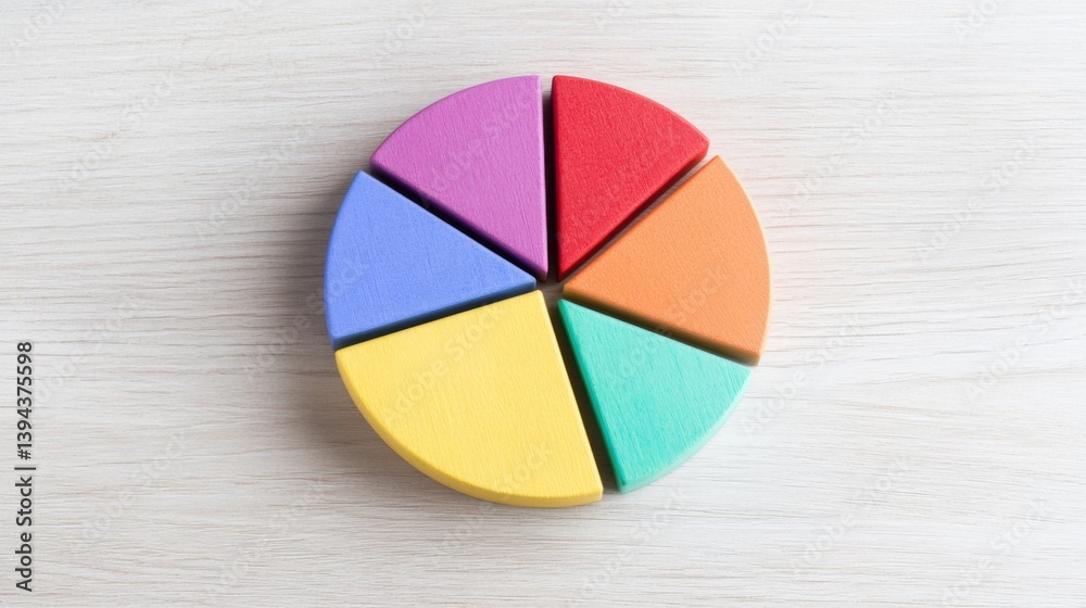 Poster a flat lay of a colorful d pie chart on a light wooden table, illustrating the breakdown of financia