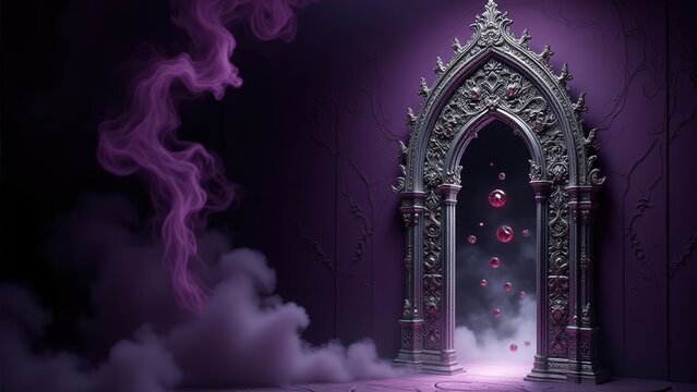 Haunting Silver Gothic Arch with Black Diamonds and Garnets Amidst Smoke - Generative AI