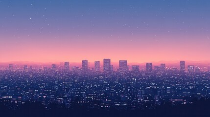 Fototapeta premium A vibrant city skyline at dusk, featuring illuminated buildings against a gradient sky transitioning from purple to pink.