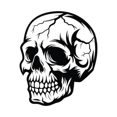 Cracked Human Skull Silhouette Isolated on White, Monochrome, Creepy, Gothic, Tattoo