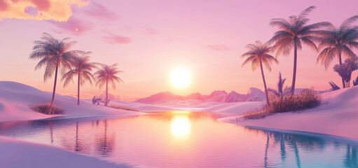 Naklejka premium serene 3D rendering of sunset in desert features palm trees and tranquil water body reflecting vibrant colors of sky. scene evokes sense of calm and beauty