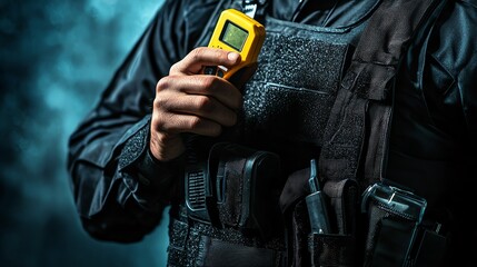 Close-up of a tactical gear with device.