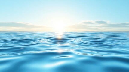 Obraz premium A serene view of calm ocean water rippling under a bright sky, illuminated by the warm glow of the rising sun on the horizon.