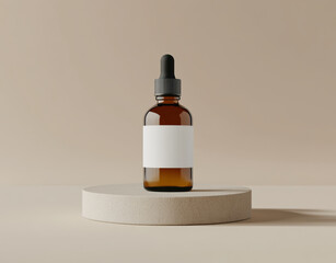 minimalist style mockup of amber glass dropper bottle with blank label, set on round pedestal against neutral background. scene conveys simplicity and elegance