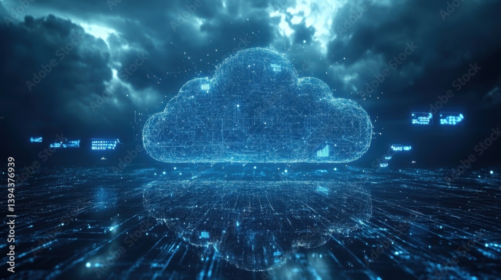 Poster a digital cloud icon surrounded by data streams and a futuristic atmosphere, symbolizing cloud compu