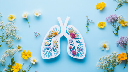 Paper cut out of lungs adorned with colorful flowers on blue background, symbolizing health and nature. vibrant floral arrangement creates serene and hopeful atmosphere