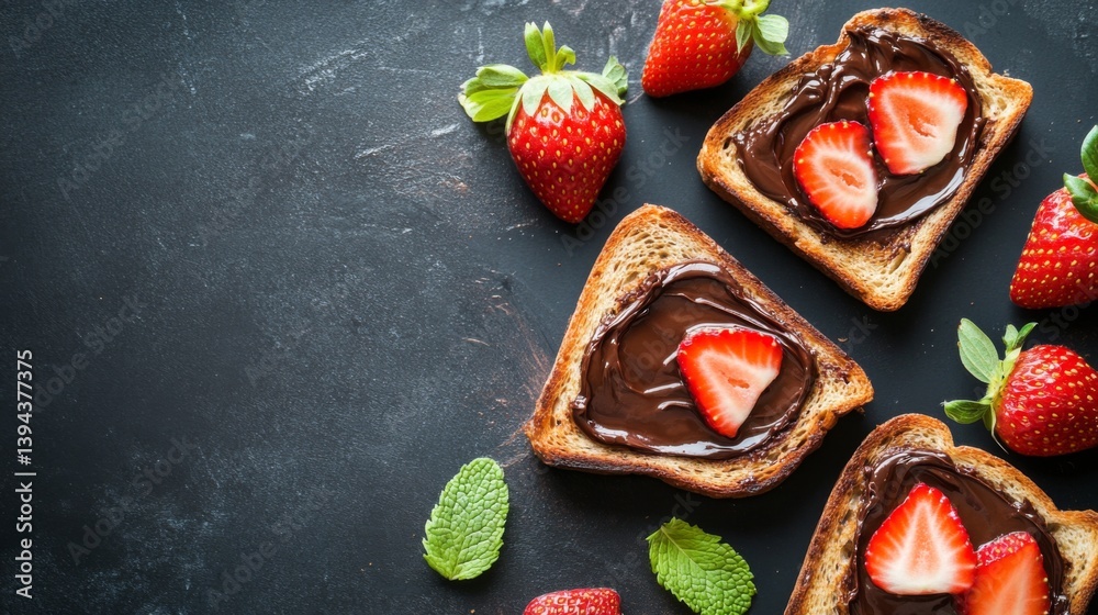 Poster a flat lay of toasted bread with a layer of rich chocolate spread, topped with fresh strawberries an