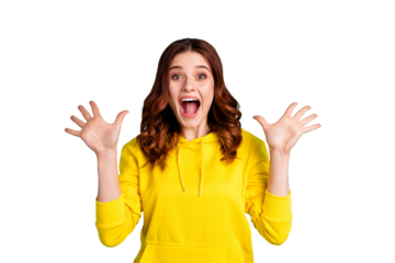 Photo of wavy screaming shouting excited girl showing you her palms hands with mouth open wide isolated over turquoise vivid color background