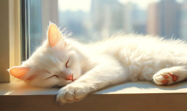 A fluffy white cat sleeping peacefully in the warm sunlight on a window sill-generative ai