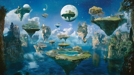 Enchanted Floating Islands Surrounded by Water Under a Starry Night Sky with Dreamlike Scenery