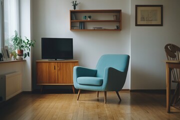 Fototapeta premium Cozy living room with mid-century modern armchair and wooden elements