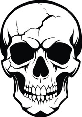 Skull with Cracks Monochrome, Anatomical, Black and White Isolated on White Background