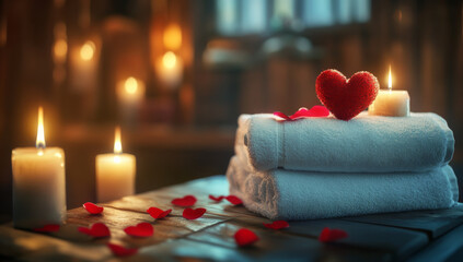 cozy spa setting with white towels adorned by red heart and surrounded by glowing candles and rose petals, creating romantic and serene atmosphere