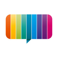 colorful speech bubble composed of vertical rainbow stripes, symbolizing communication, diversity, and creative expression in a modern graphic style