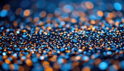 A mesmerizing background featuring a dark blue backdrop dusted with an array of iridescent indigo glitter particles, creating a bokeh effect with soft