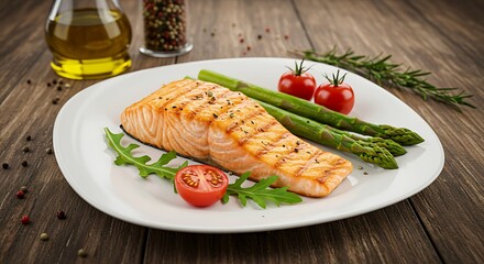 A perfectly grilled salmon fillet, seasoned to perfection, served with tender asparagus and juicy cherry tomatoes on a rustic wooden table, bathed in warm, natural light.