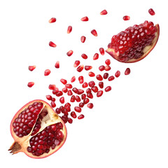 Falling pomegranate seeds isolated on white background. Top view.