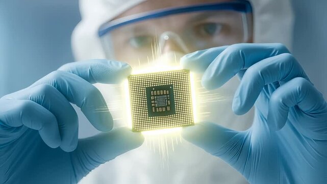 Scientist in Protective Gear Holding Glowing Computer Chip with High-Tech Details

