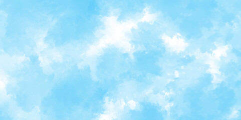  Cloudy sky blue watercolor background. Clear blue sky with puffy natural clouds. Brush strokes on white paper background. Watercolor splash template.