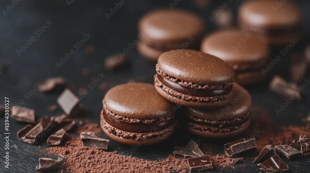 Aufkleber a group of chocolate macarons with a glossy finish, stacked on a dark slate surface, surrounded by c