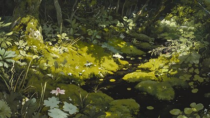 Obraz premium Lush Green Forest Stream Surrounded by Vibrant Flora and Soft Light Filters Through the Canopy