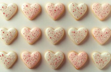 Fototapeta premium Heart shaped cookies with pink and white icing are arranged in neat pattern, each adorned with small red and white sprinkles, creating sweet and festive appearance