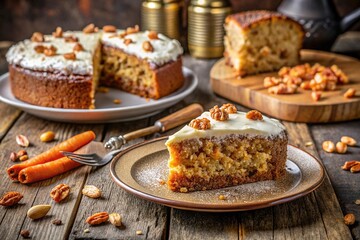 Homemade carrot cake with nuts and honey on a wooden background.