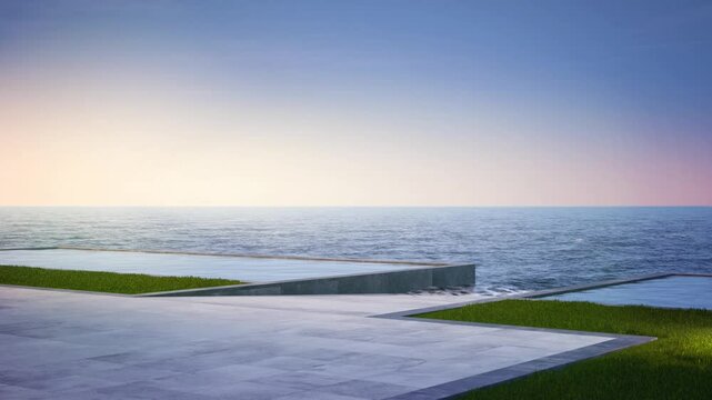 Empty concrete floor terrace near water in pond. 3d rendering of pool with sea and clear sky background.